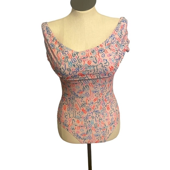 Cristina Martinez Off the Shoulder Bodysuit  pink teal doodle artsy top New S - Picture 9 of 9